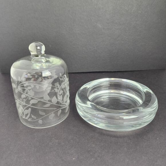 Vintage Miniature Glass Domed Butter Dish Etched Butterflies Vines Votive Candle - Picture 2 of 12